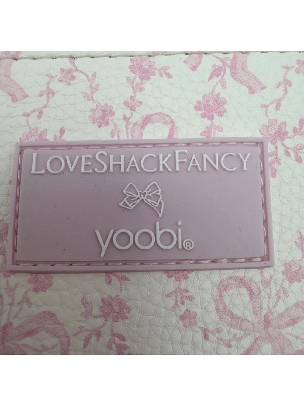 New - LoveShackFancy Pink Coquette Gold Bow Zipper Pouch/Wristlet w Strap
